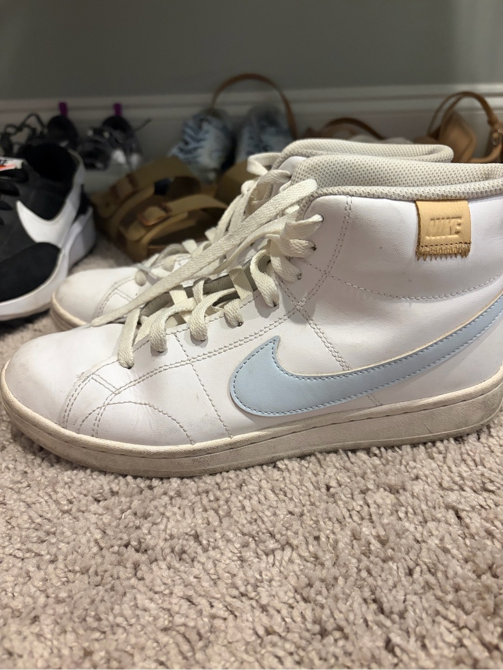 Nike Kids White High-Top Sneakers with Light Blue Swoosh and Tan Heel Tab